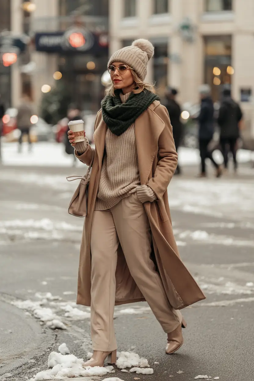 winter outfits cold Warm Neutrals with a Pop of Green