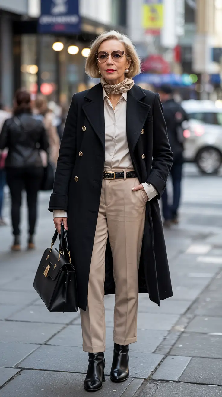 winter outfits for women over 60 Tailored Black and Beige Elegance