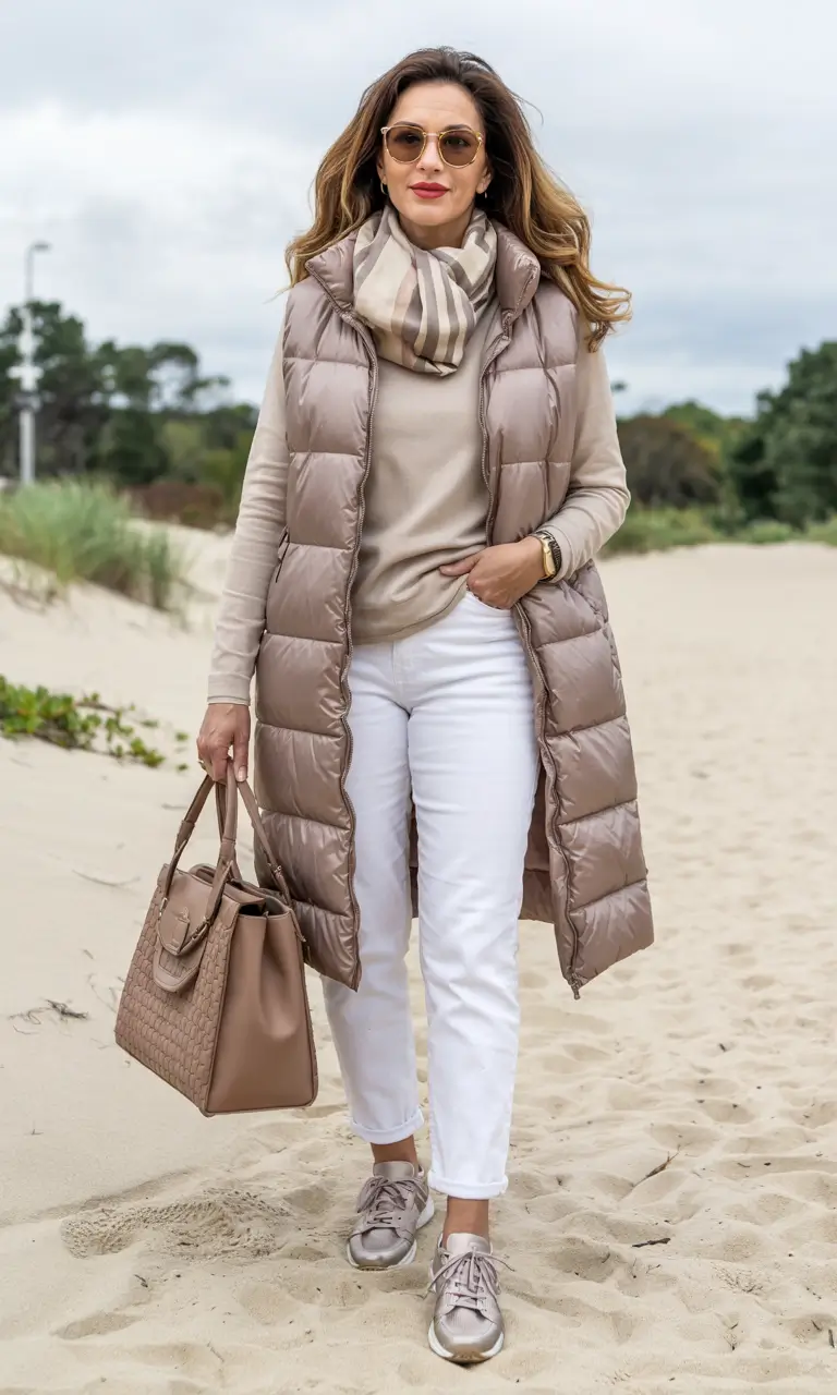 winter outfits for women over 60 Neutral Puffer Vest Chic