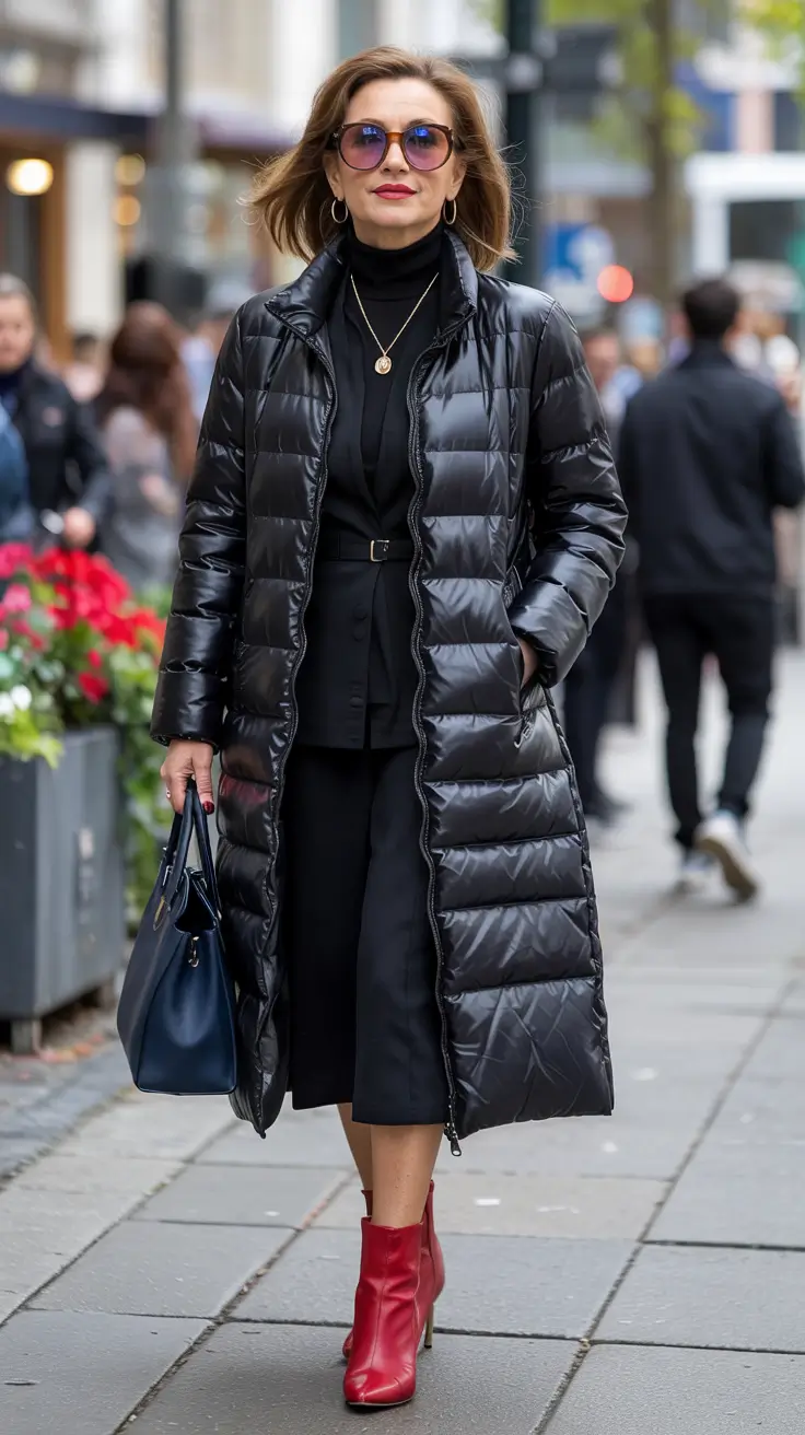 winter outfits for women over 60 Elegant Black with a Pop of Red