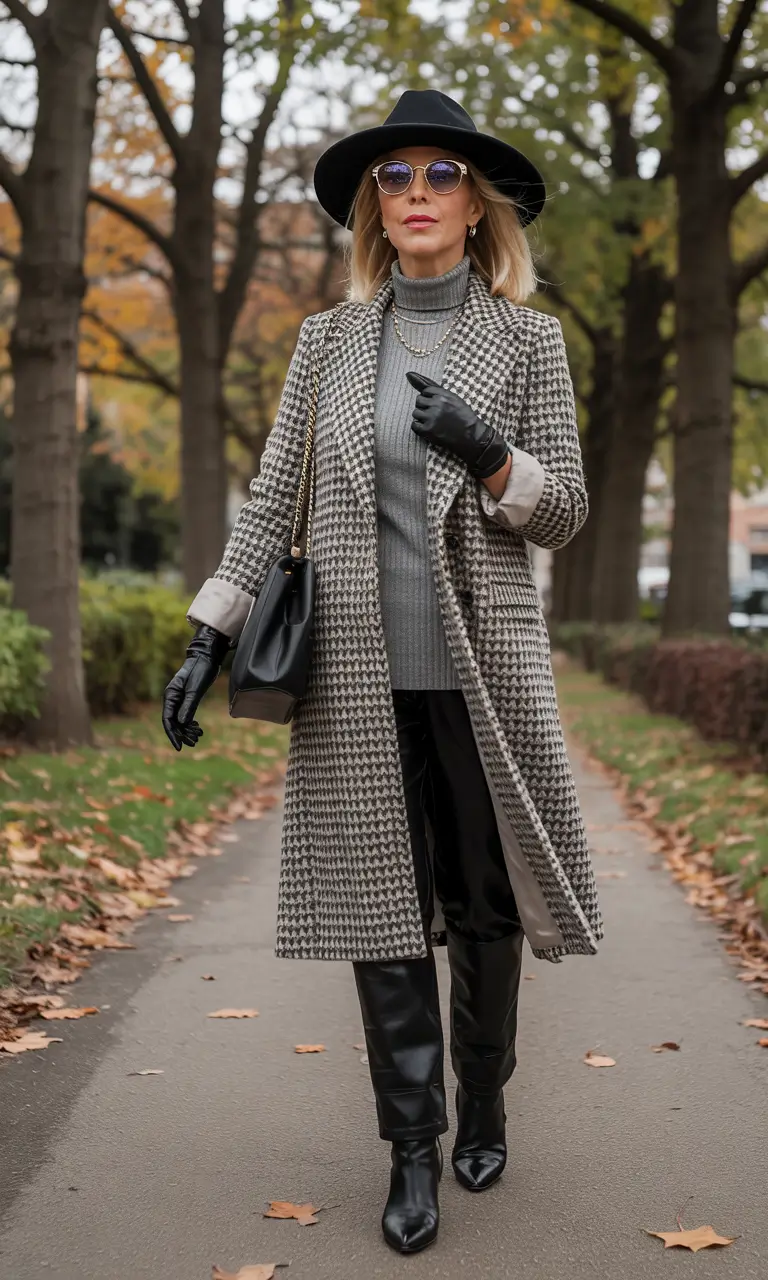 winter outfits for women over 60 Statement Houndstooth and Leather Boots