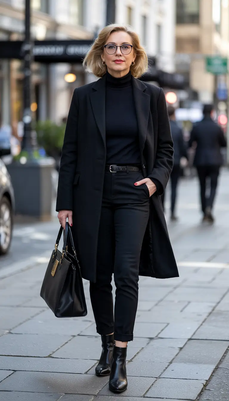 winter outfits for women over 60 All-Black Modern Minimalism