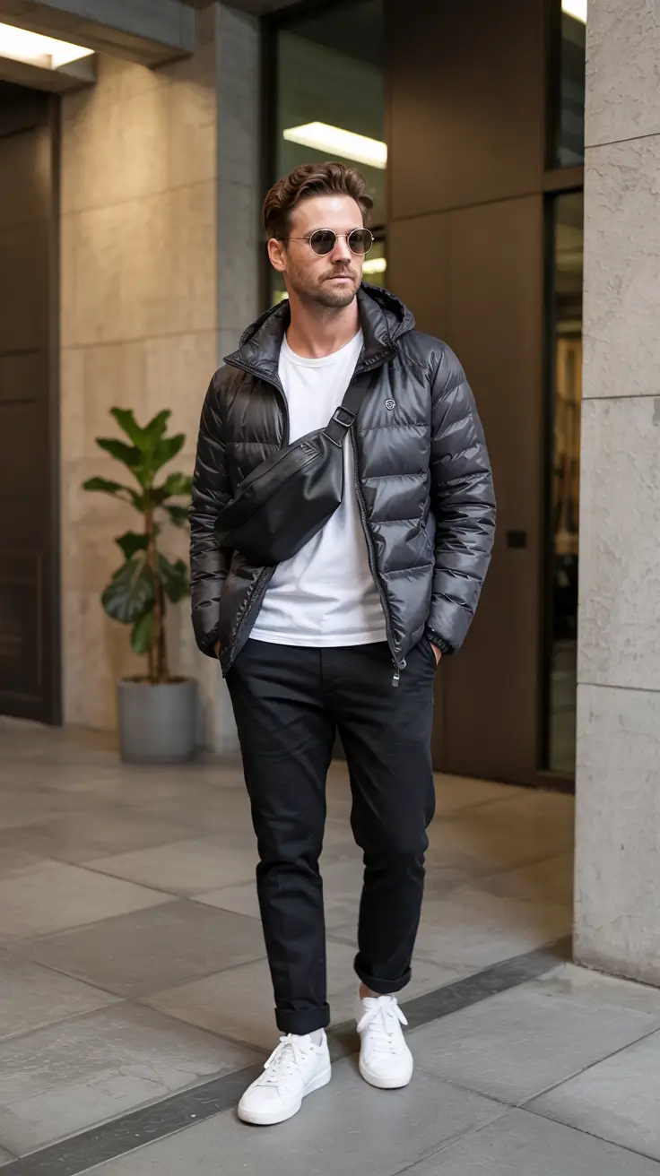 winter outfits men Black & White Puffer Simplicity