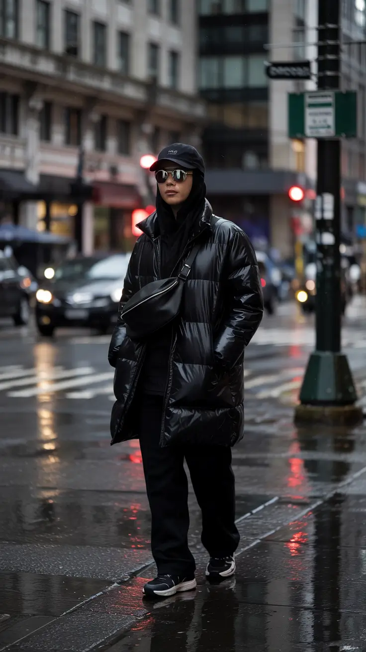 winter outfits men Monochrome Street Puffer