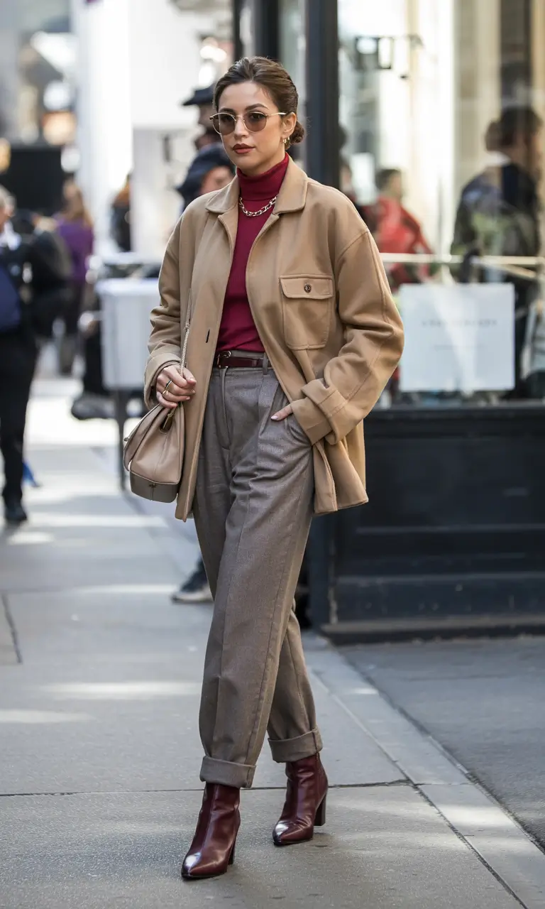 Winter work outfits 2025 Bold Red Layers With Neutral Accents
