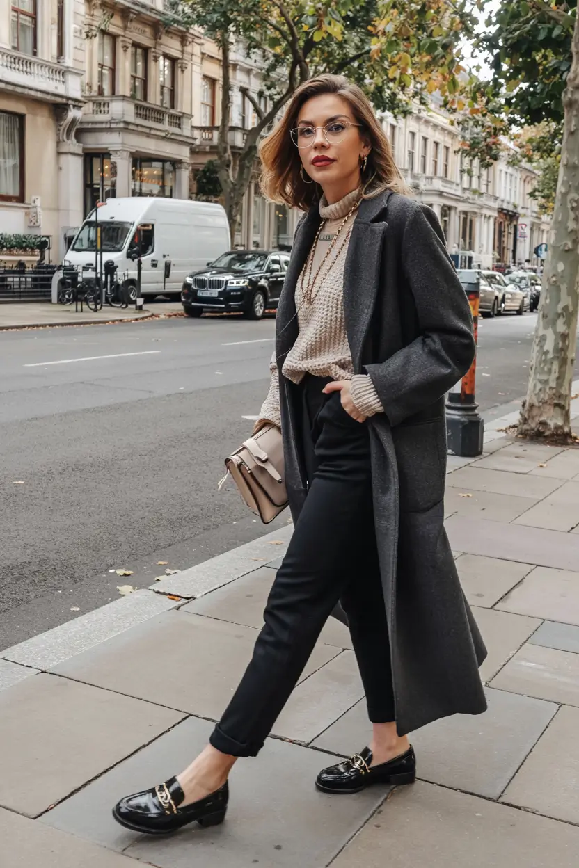 Winter work outfits 2025 Cozy Knit and Charcoal Elegance