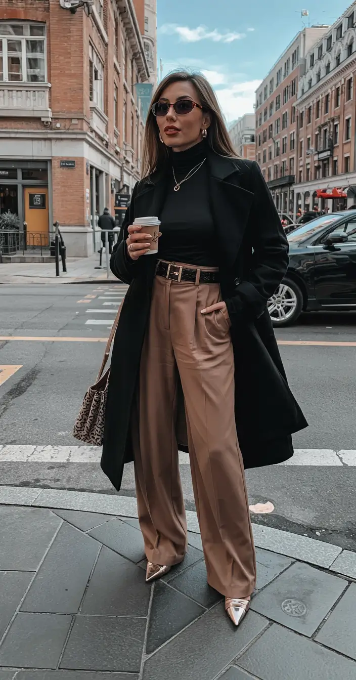 Winter work outfits 2025 Black Sophistication With Taupe Balance