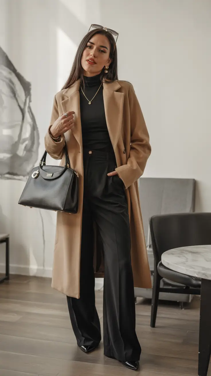winter work outfits 2025 All-Black Elegance with Camel