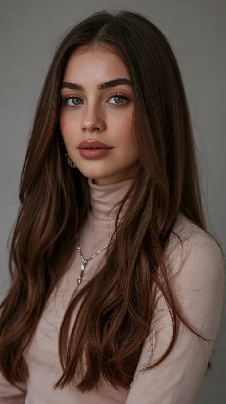 Dark Winter Hair Color Chestnut Elegance with Sleek Length