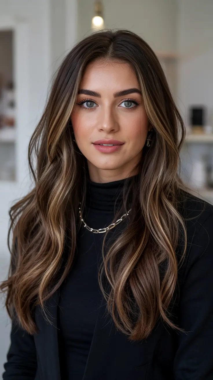 Dark Winter Hair Color Soft Brunette with Golden Balayage