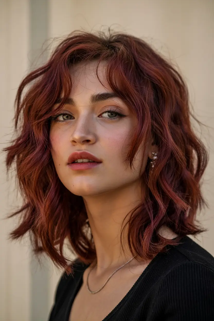 Dark Winter Hair Color Textured Crimson Shag