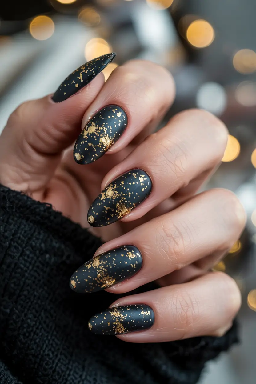 dark winter nails Matte Black with Golden Flakes