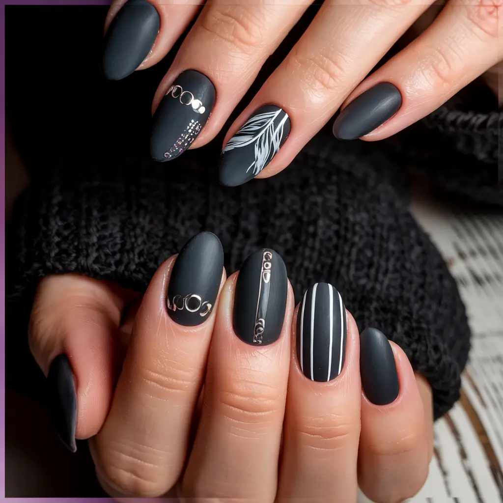 dark winter nails Feather and Line Accents
