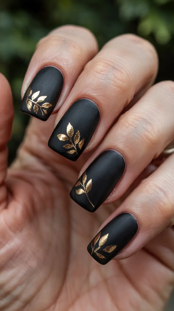 dark winter nails Golden Leaf Details