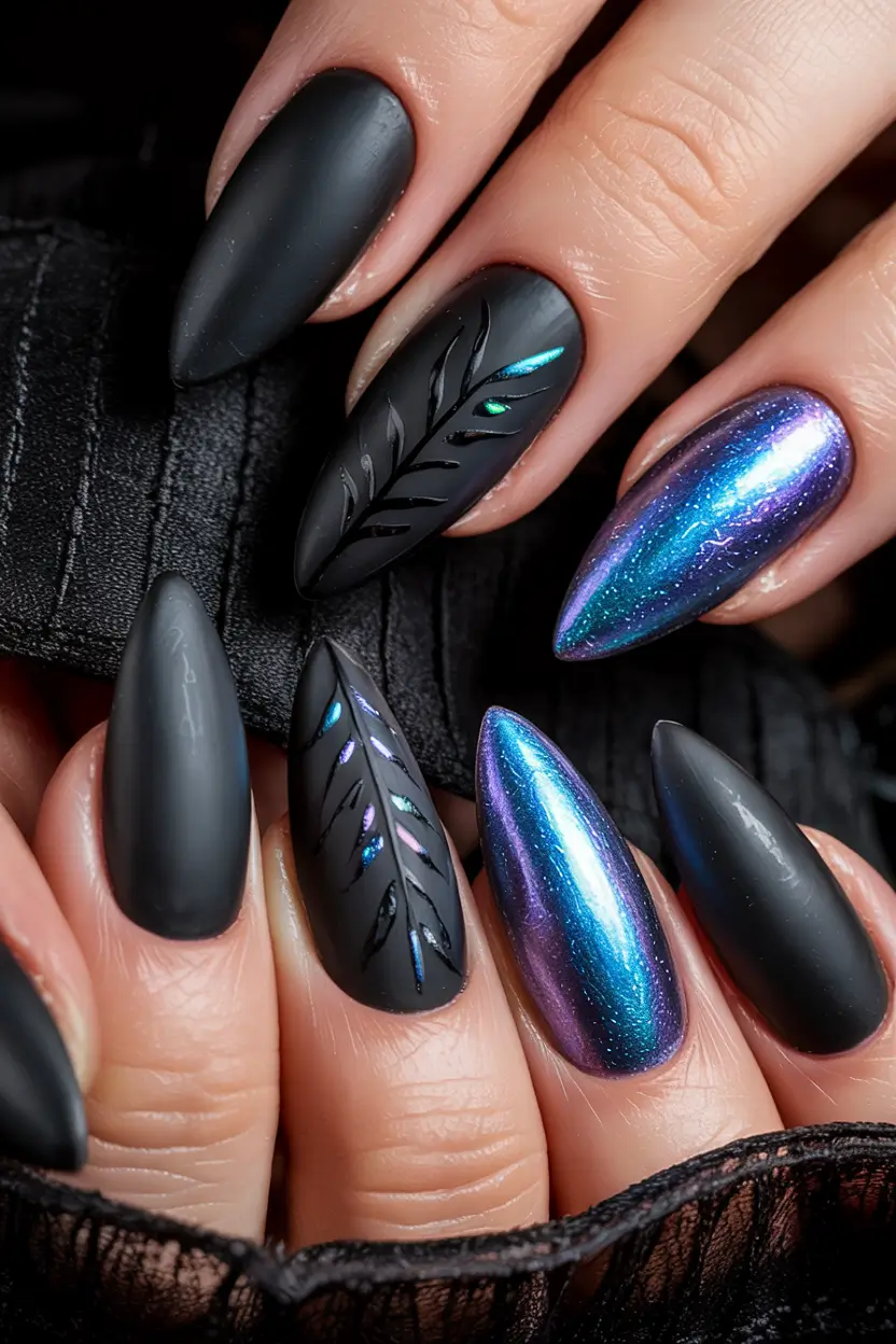 dark winter nails Matte Black and Galaxy Shimmer