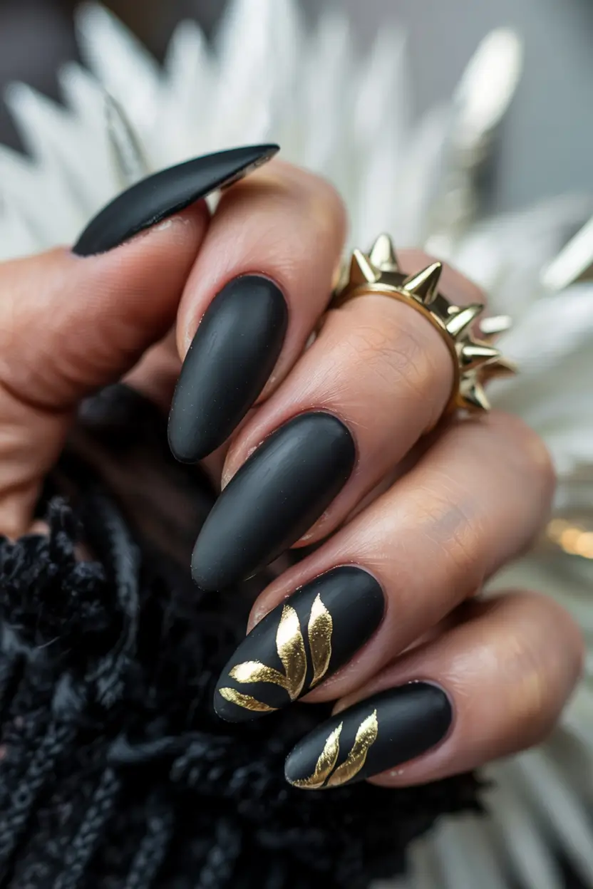 dark winter nails Golden Petal Accents