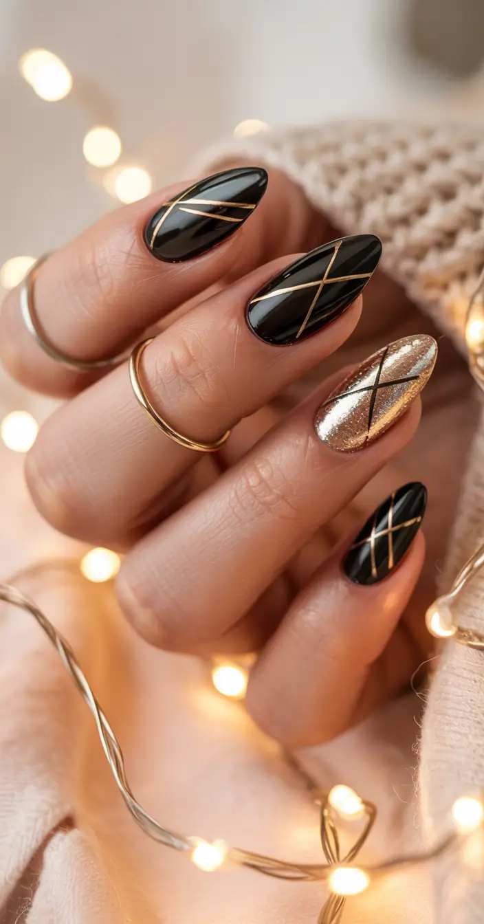 dark winter nails Midnight Glam with Golden Lines