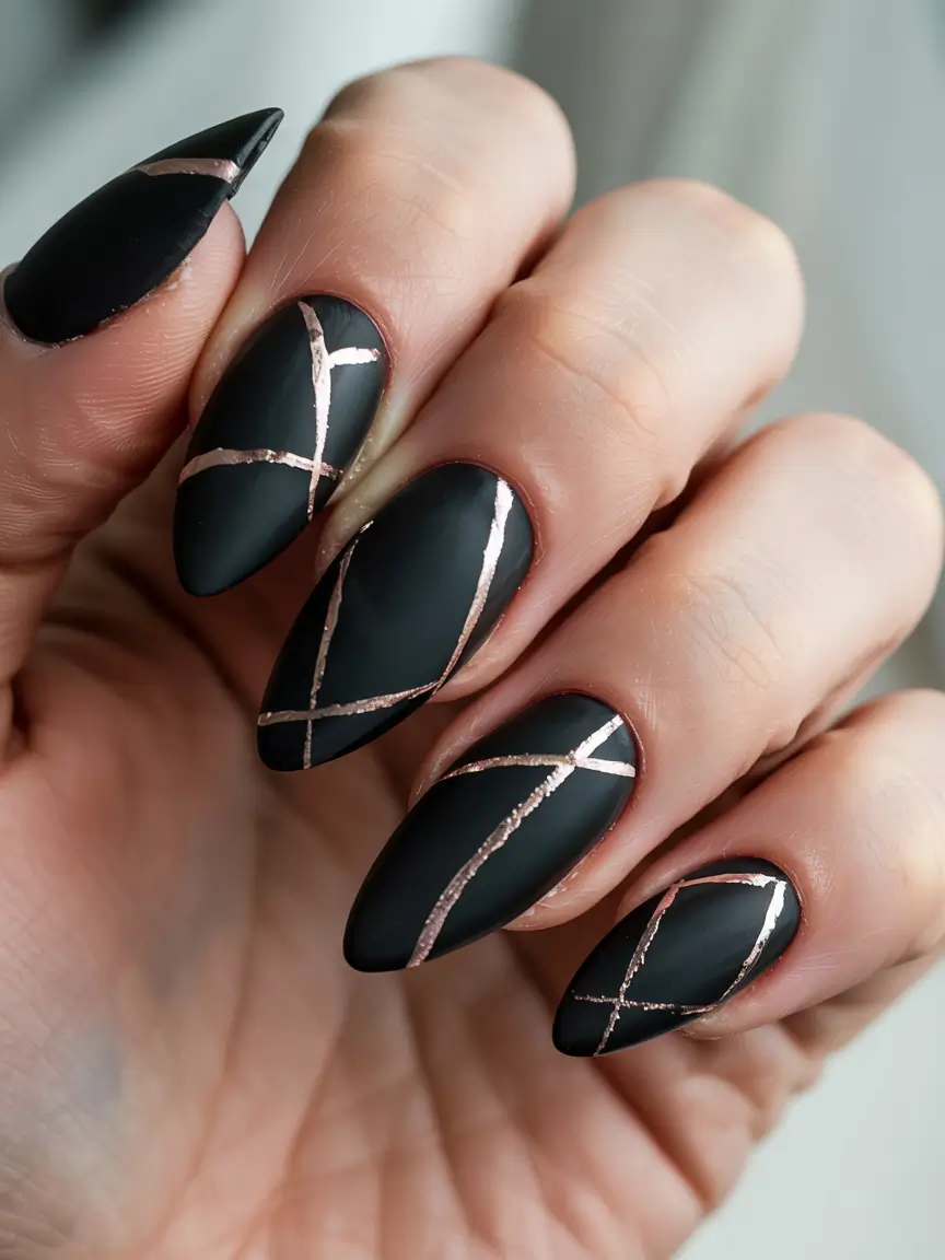 dark winter nails Rose Gold Line Work