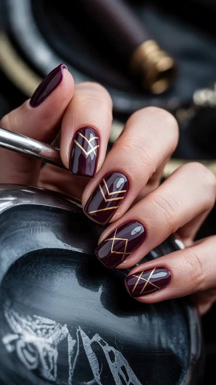 dark winter nails Burgundy Lines and Luxe Geometry