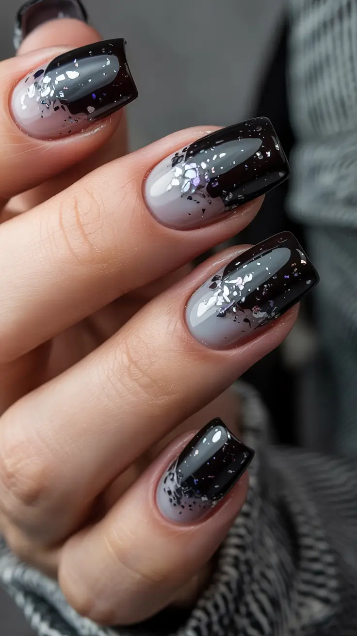 dark winter nails Frosted Black Ombre Sparkle