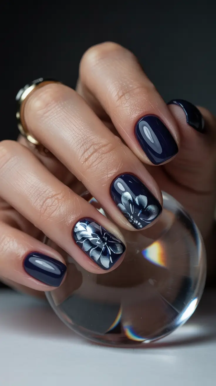dark winter nails Midnight Blooms in Silver
