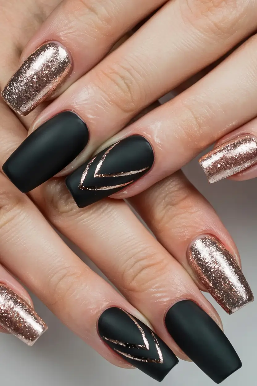dark winter nails Matte Noir and Rose Gold