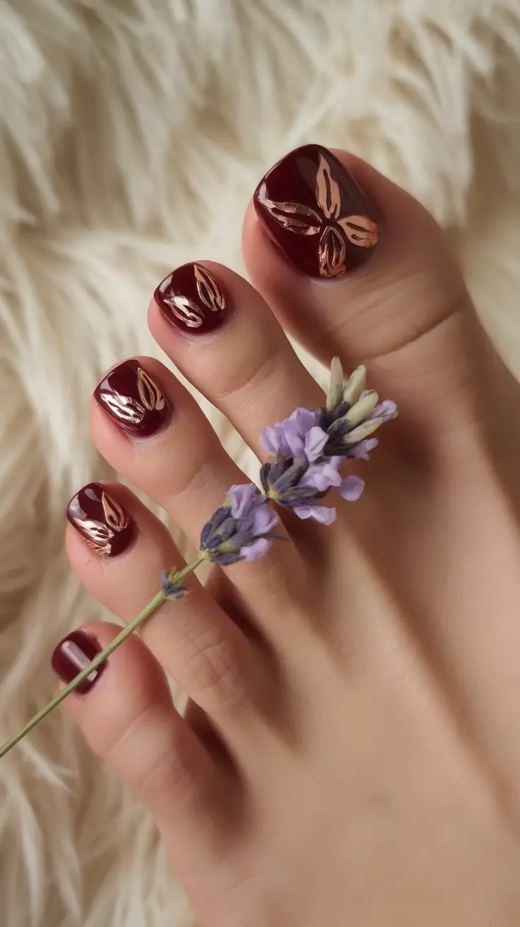 winter-toe-nails-2025-2026-burgundy-with-rose-gold-leaf-art