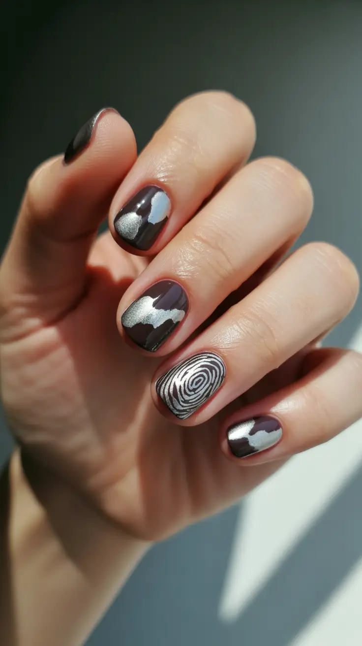 black christmas nails metallic silver swirl