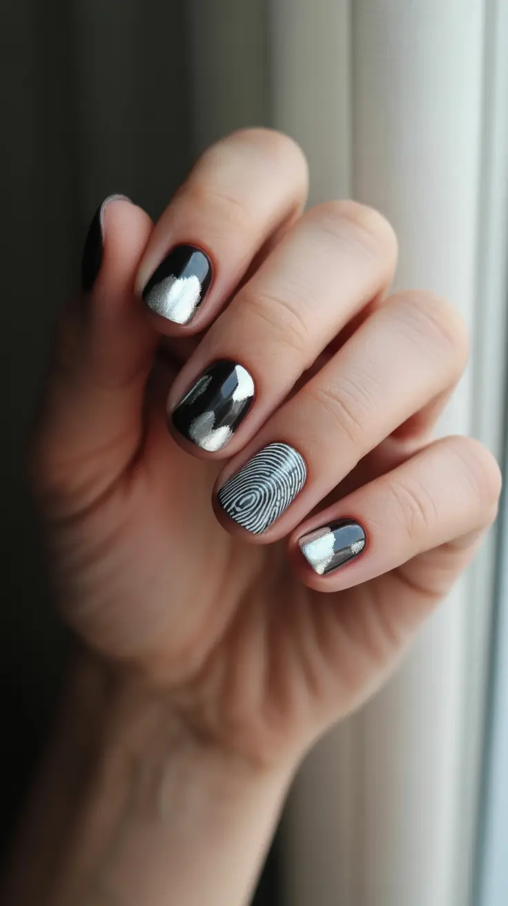 black christmas nails silver fingerprint art