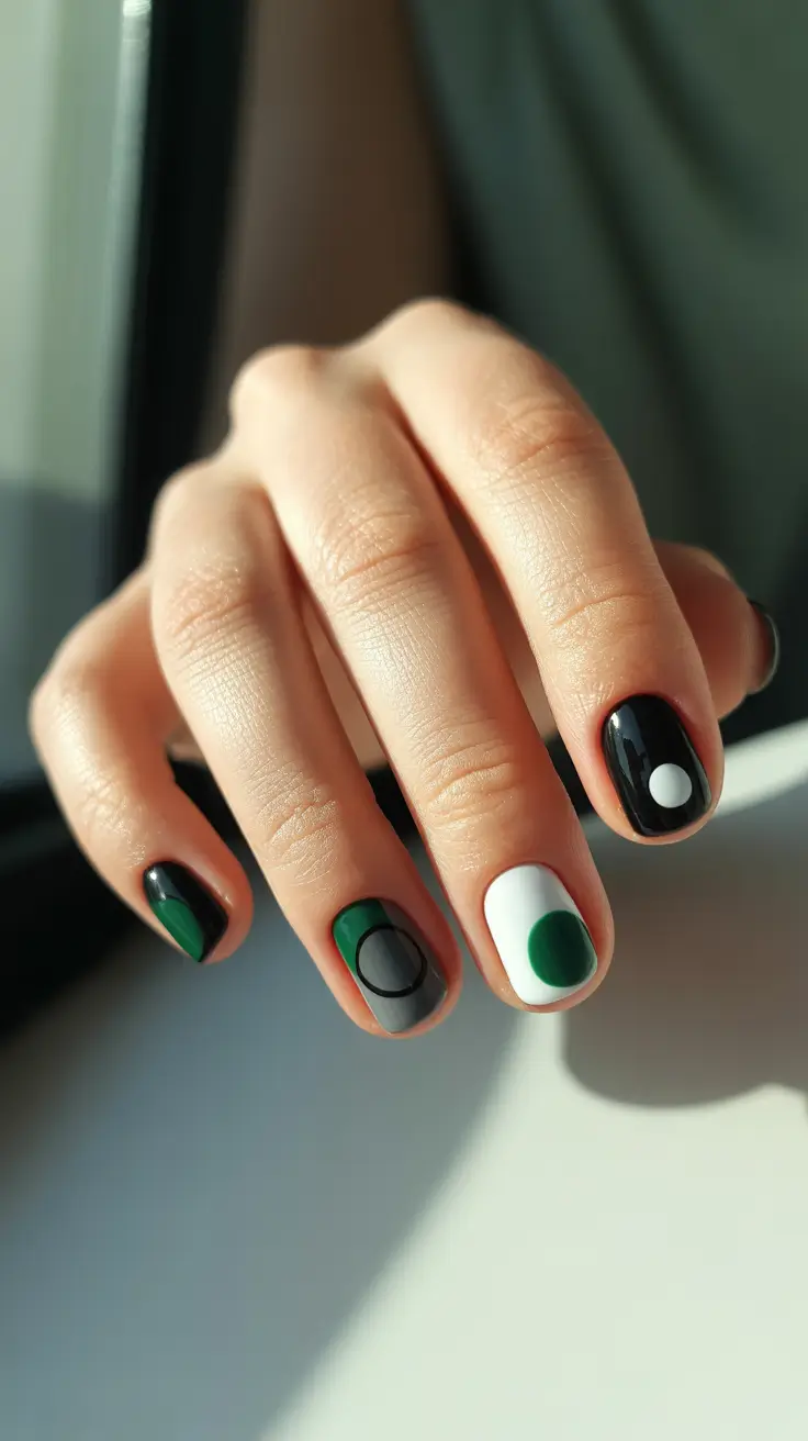 black christmas nails geometric green and white