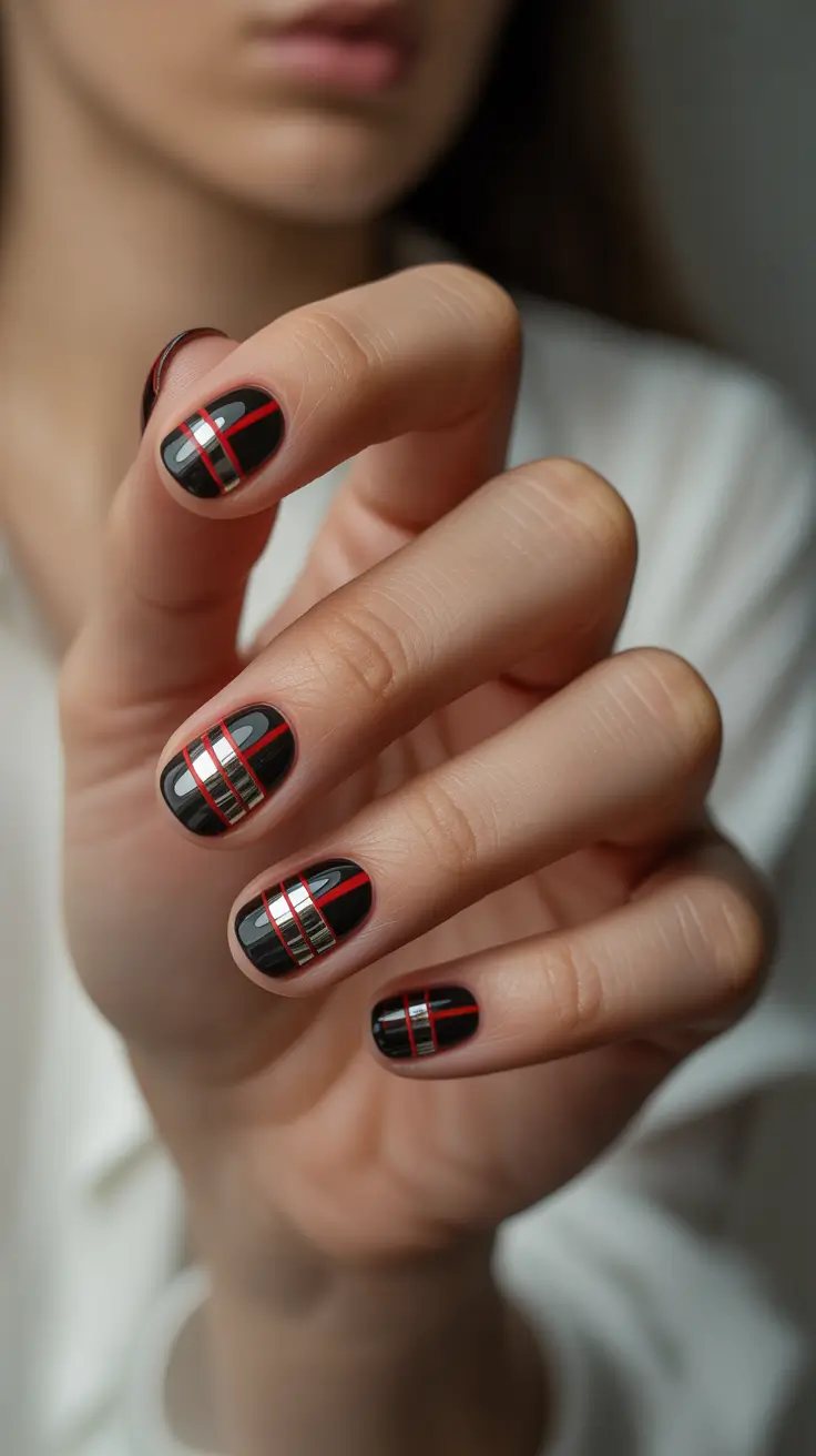 black christmas nails red silver plaid