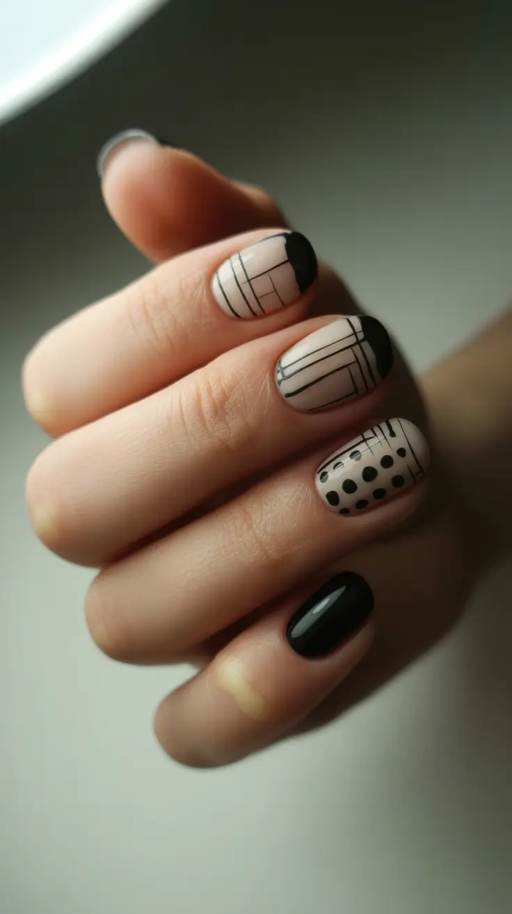black christmas nails retro dots lines