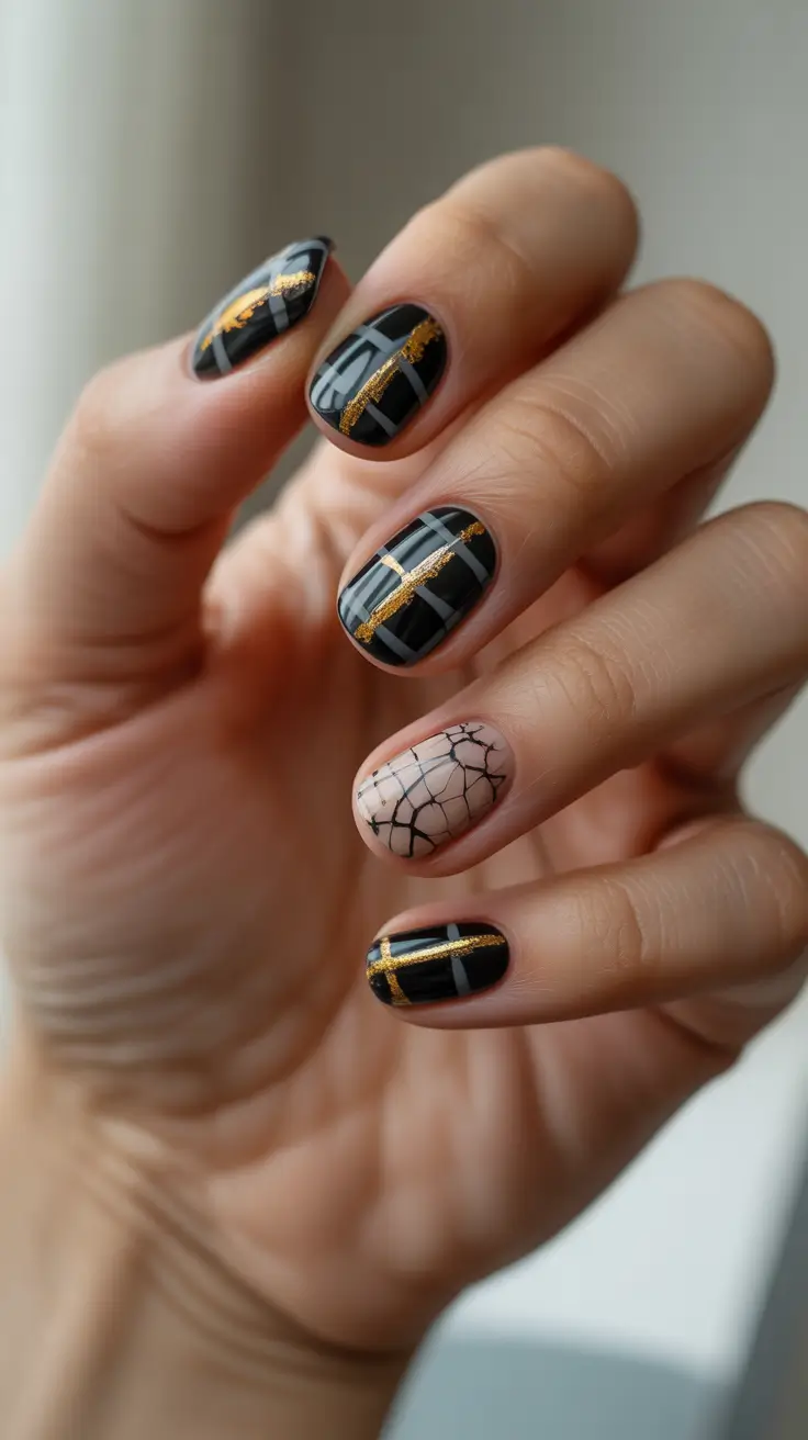 black christmas nails gold grid elegance