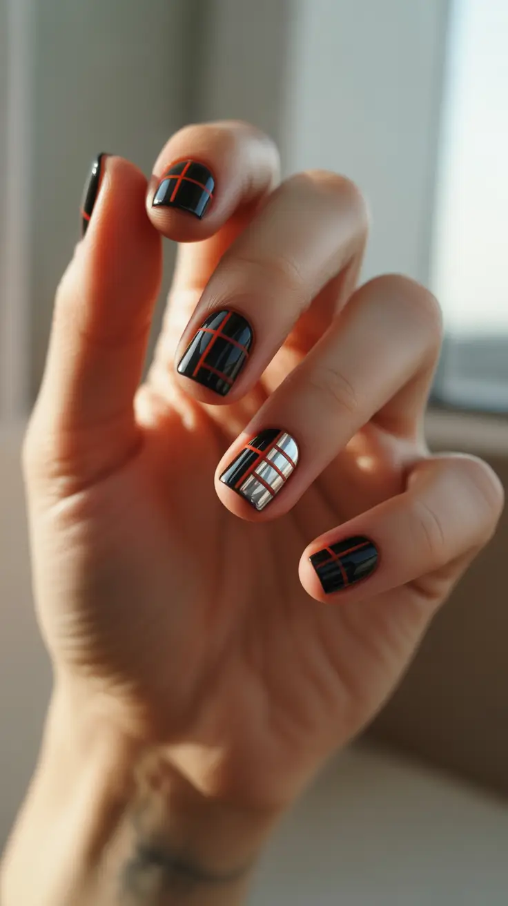 black christmas nails red grid mirror shine