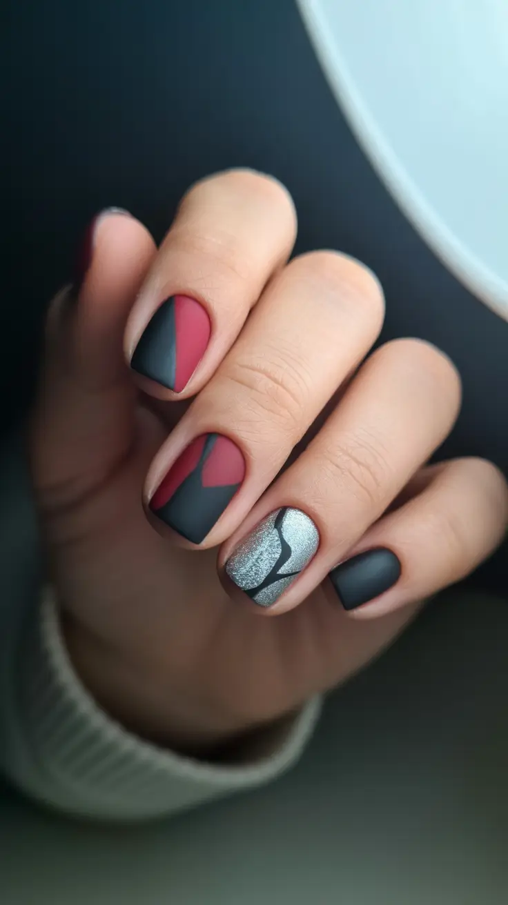 black christmas nails silver red matte art