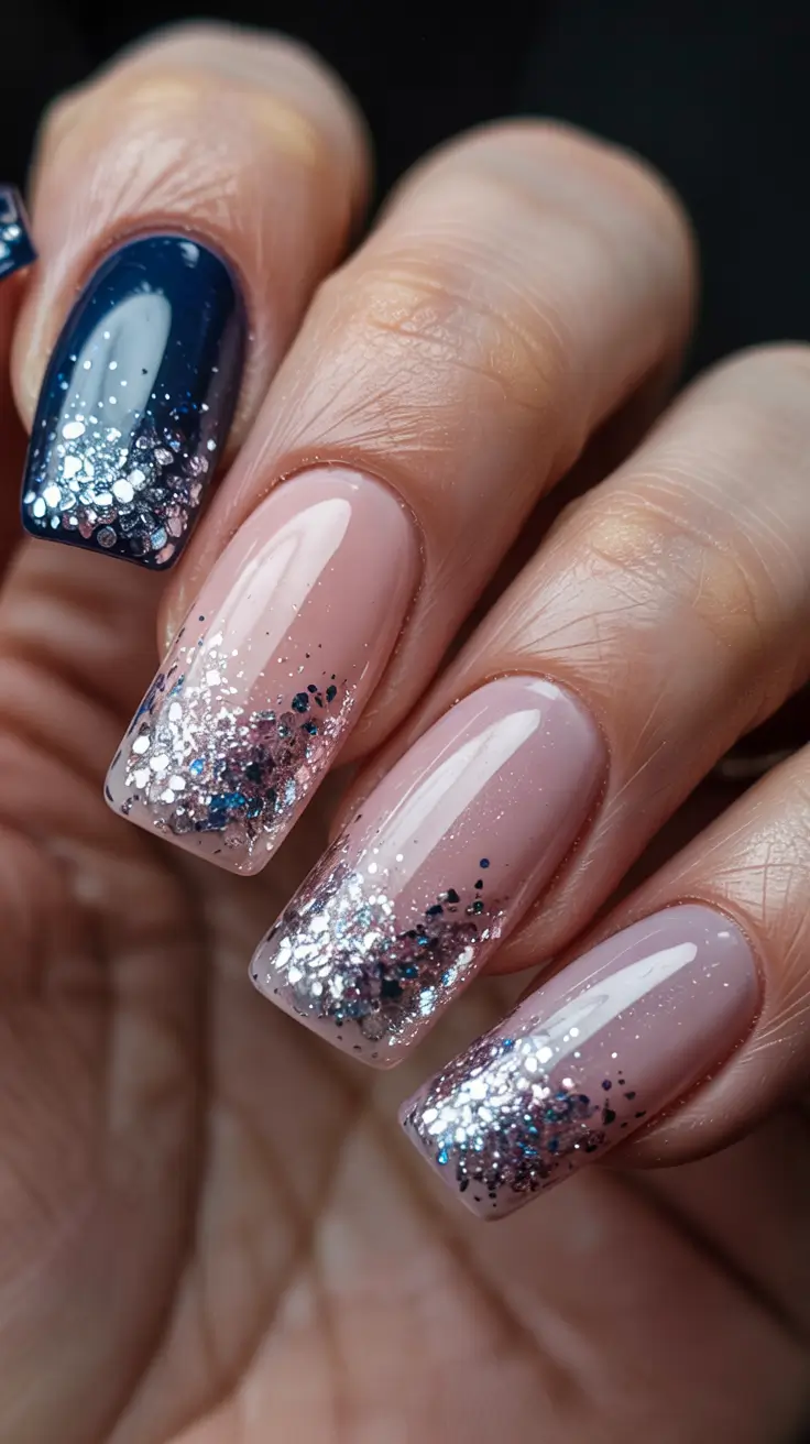 blue winter nails 2025 2026 winter glitter ombre mix