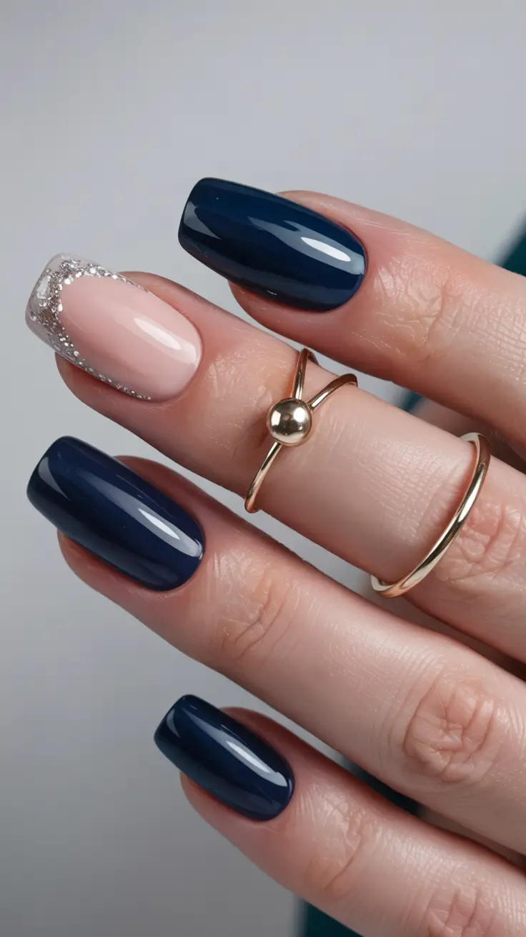 blue winter nails 2025 2026 classic navy and silver french twist