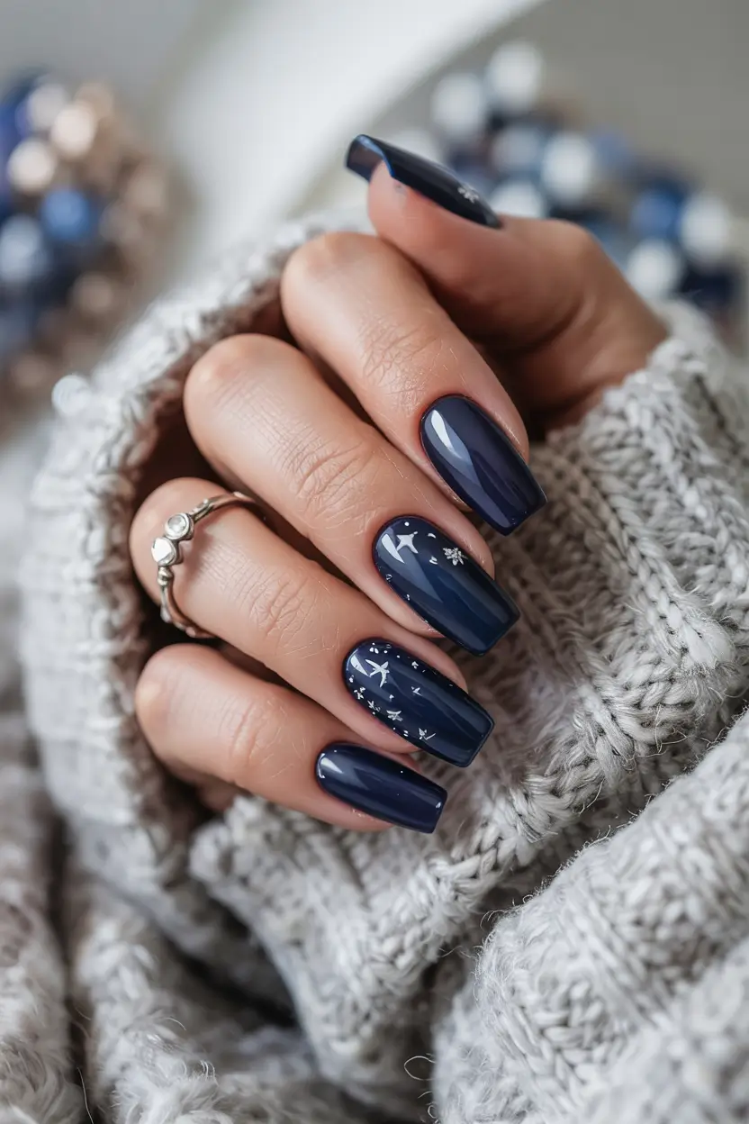 blue winter nails 2025 navy elegance with delicate winter accents
