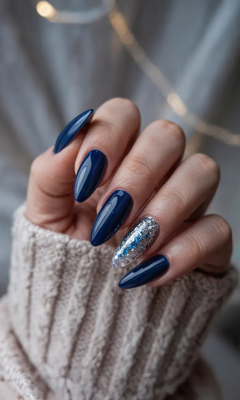 blue winter nails 2025 almond shape magic with silver sparkle