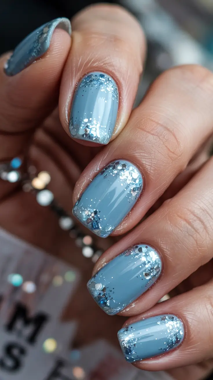 blue winter nails 2025 frosty blue short nails with glitter frost