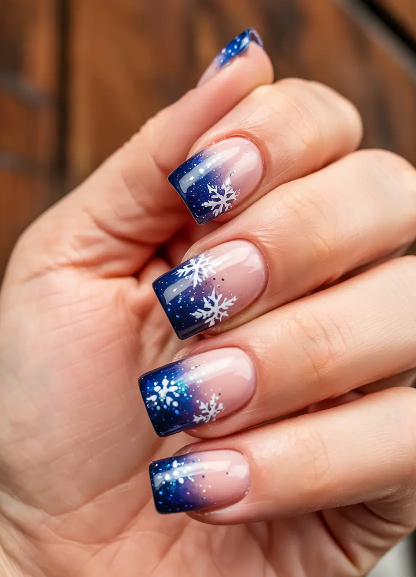 blue winter nails 2025 snowflake french tips with a midnight twist