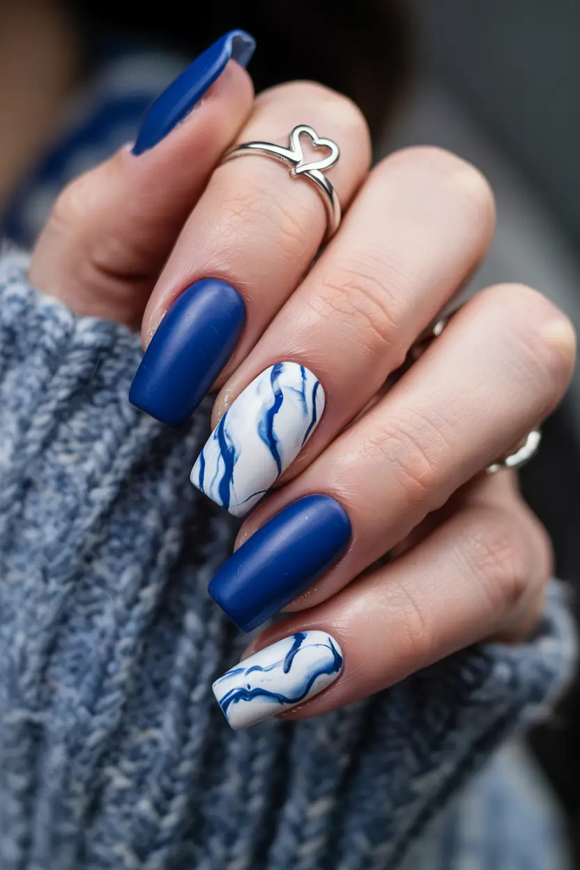 blue winter nails 2025 matte blue meets marble
