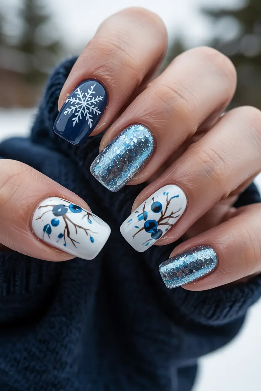 blue winter nails 2025 2026 frosted berries and snow