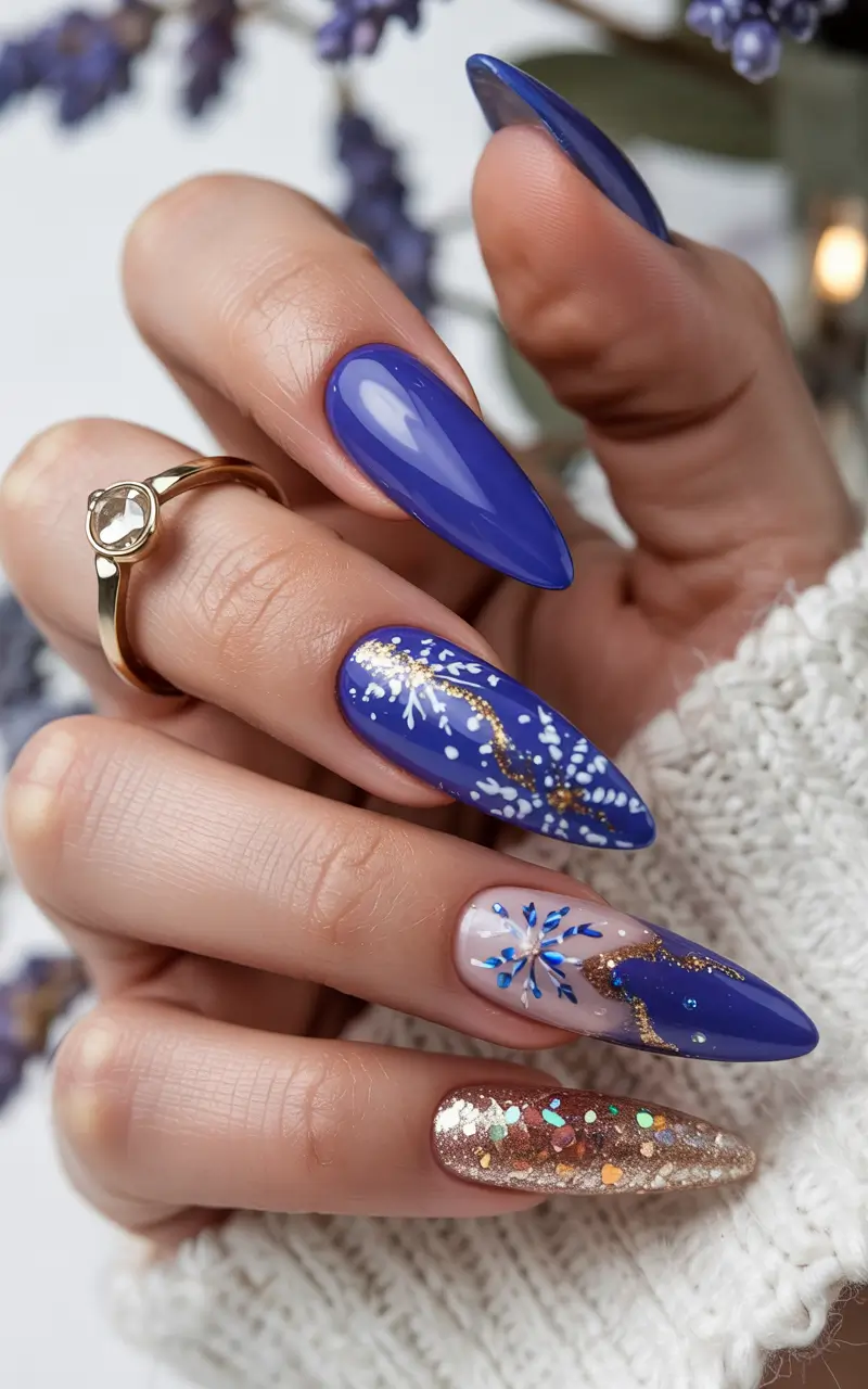 blue winter nails 2025 2026 golden snowflake symphony
