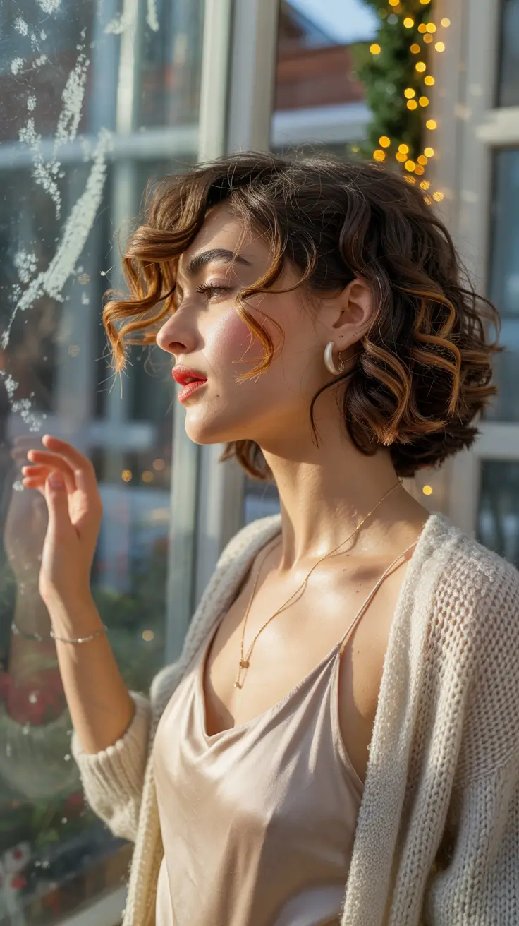 christmas hairstyles ideas 2025 soft curly bob with golden accents