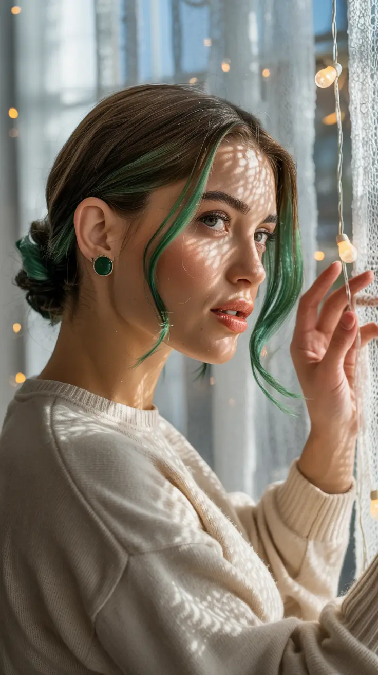 christmas hairstyles ideas 2025 soft bun with emerald toned streaks