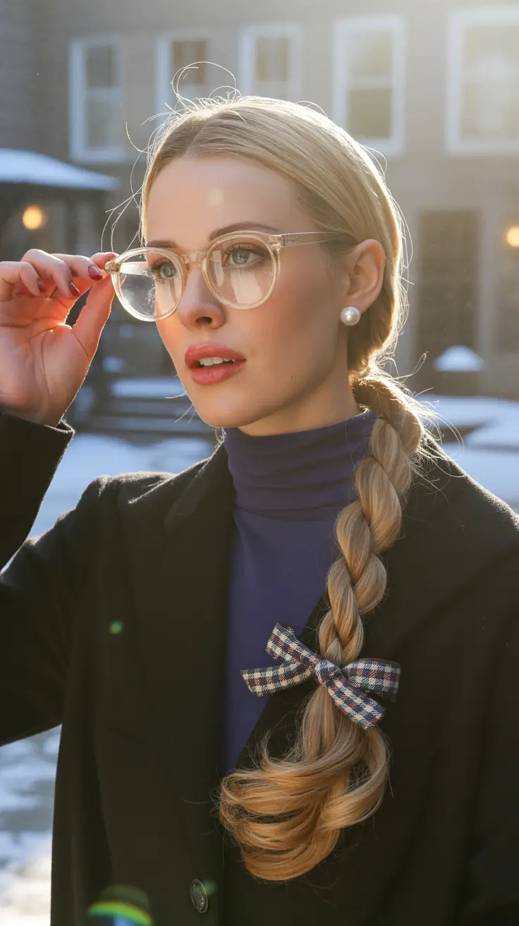 christmas hairstyles ideas 2025 low braid with plaid ribbon