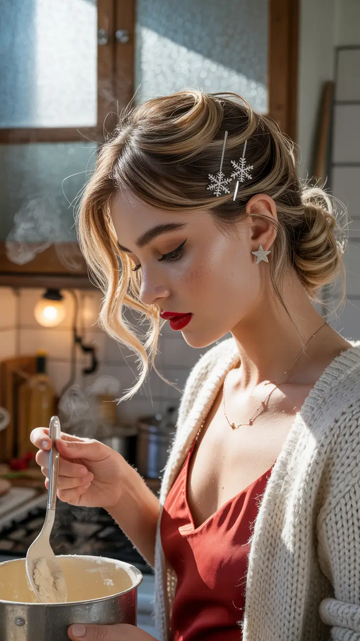 christmas hairstyles ideas 2025 snowflake bun with soft waves