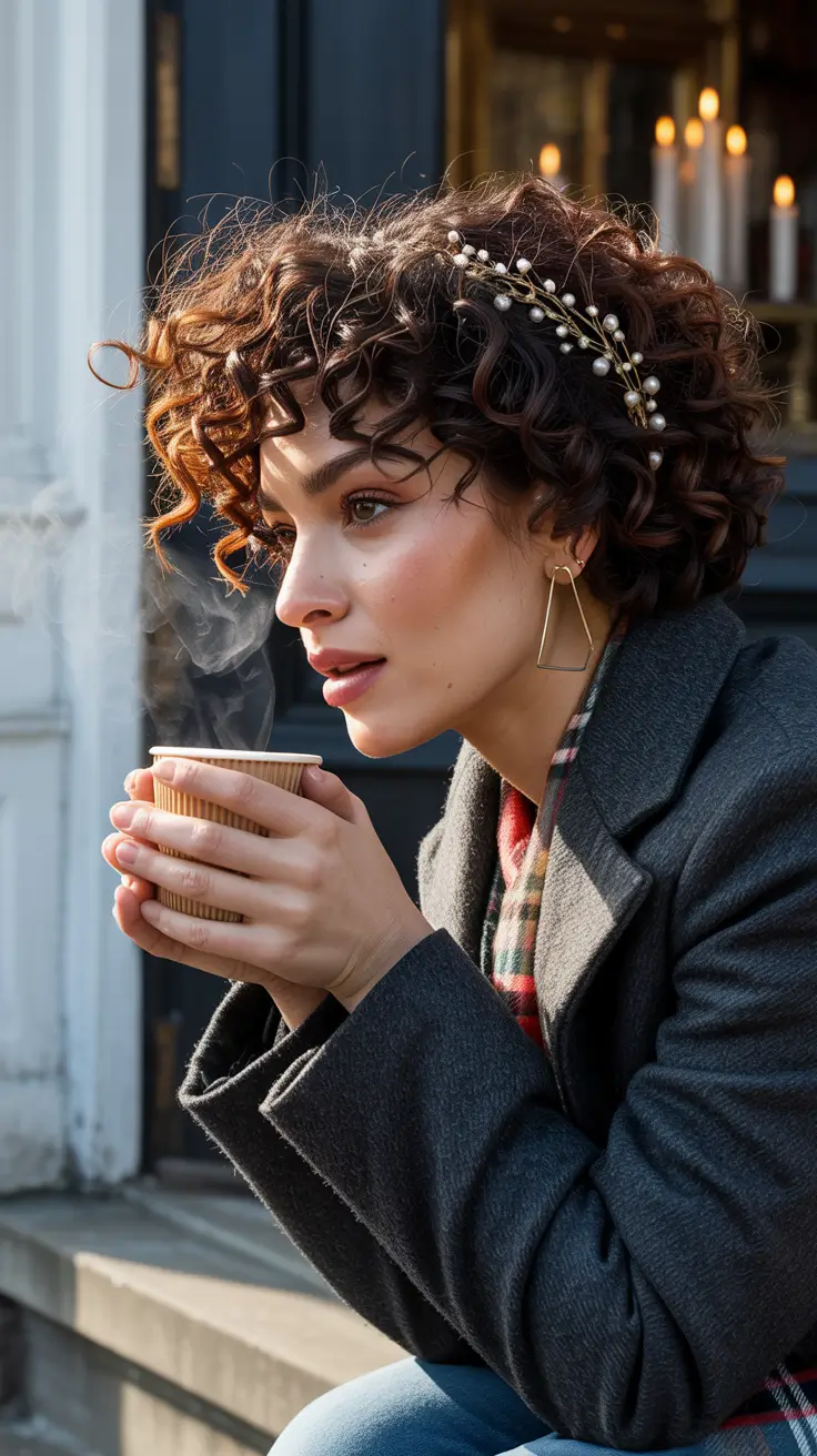 christmas hairstyles ideas 2025 curly bob with pearl hairpins