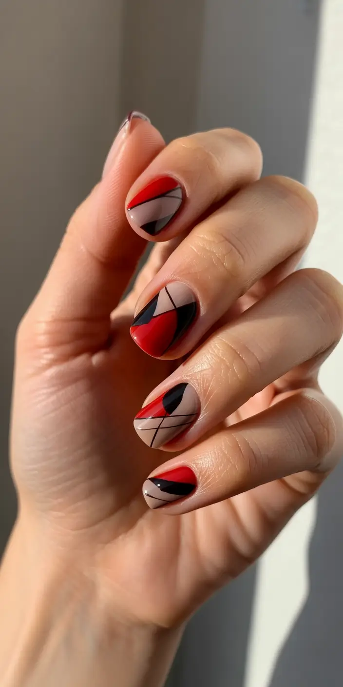 christmas nail art ideas 2025 red and graphite geometry